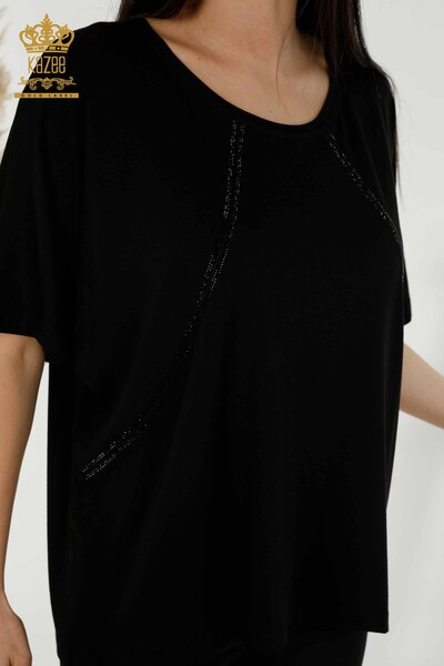 Bluză de damă cu ridicata cu piatră brodata neagră - 79295 | KAZEE - Thumbnail