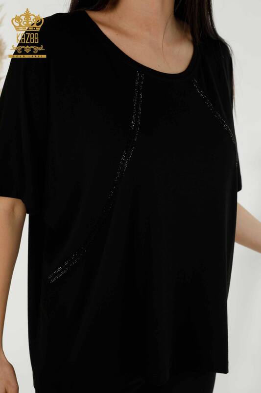 Bluză de damă cu ridicata cu piatră brodata neagră - 79295 | KAZEE