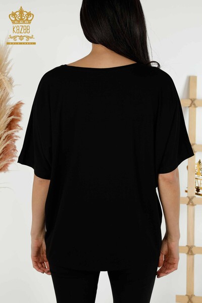 Bluză de damă cu ridicata cu piatră brodata neagră - 79295 | KAZEE - Thumbnail
