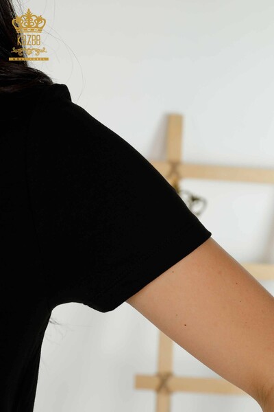 Bluză de damă cu ridicata cu piatră brodata neagră - 79315 | KAZEE - Thumbnail