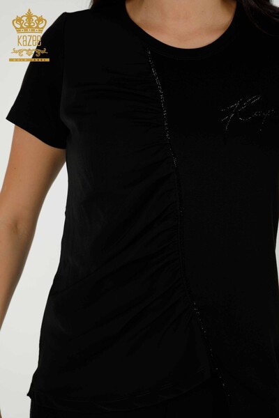 Bluză de damă cu ridicata cu piatră brodata neagră - 79315 | KAZEE - Thumbnail