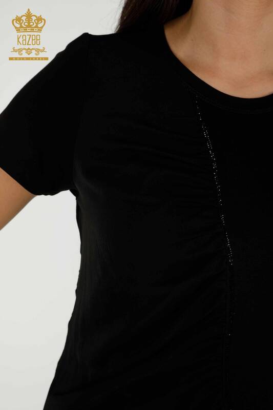Bluză de damă cu ridicata cu piatră brodata neagră - 79315 | KAZEE