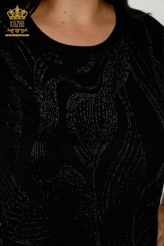 Bluză de damă cu ridicata cu piatră brodata neagră - 79329 | KAZEE