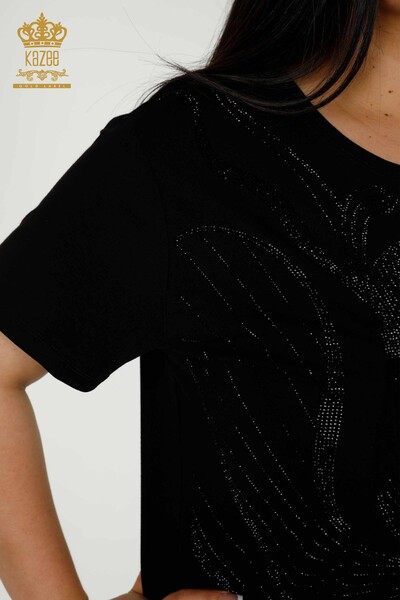 Bluză de damă cu ridicata cu piatră brodata neagră - 79329 | KAZEE - Thumbnail