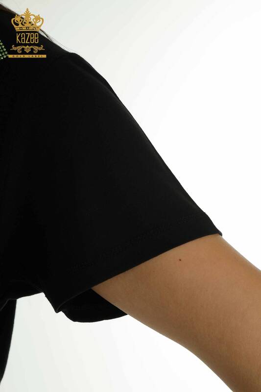 Bluză de damă cu ridicata cu piatră brodata neagră - 79365 | KAZEE