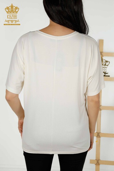 Bluză de damă cu ridicata cu piatră brodata Ecru - 77487 | KAZEE - Thumbnail