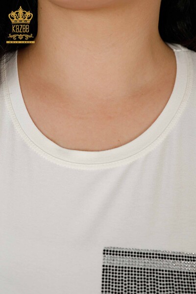 Bluză de damă cu ridicata cu piatră brodata Ecru - 78923 | KAZEE - Thumbnail