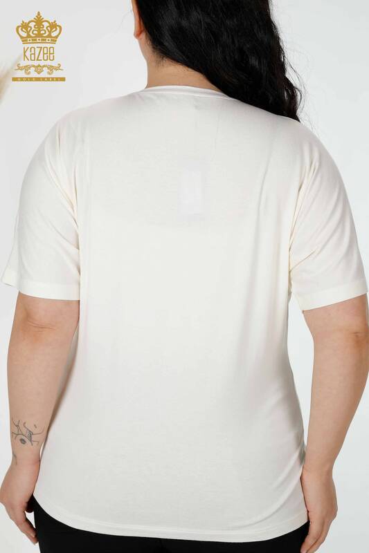 Bluză de damă cu ridicata cu piatră brodata Ecru - 78936 | KAZEE