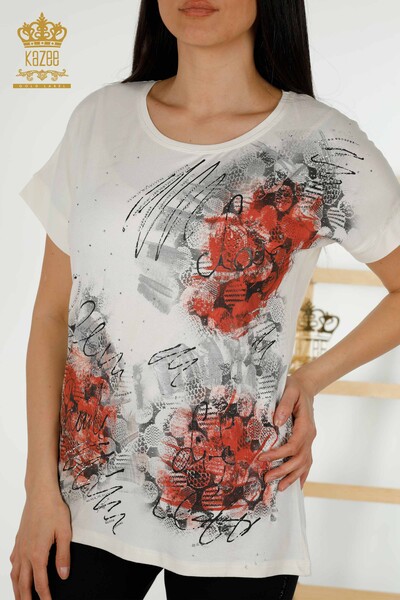 Bluză de damă cu ridicata cu piatră brodata Ecru - 79115 | KAZEE - Thumbnail