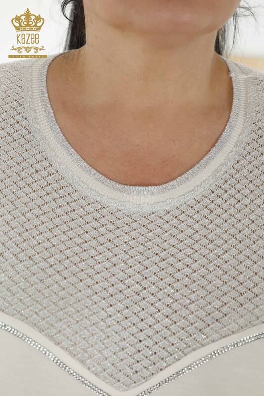 Bluză de damă cu ridicata cu piatră brodata Ecru - 79235 | KAZEE