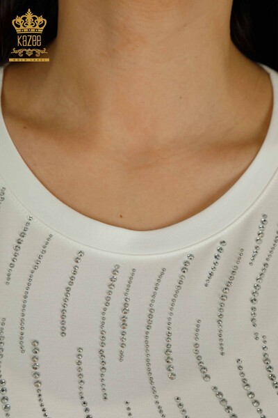 Bluză de damă cu ridicata cu piatră brodata Ecru - 79651 | KAZEE - Thumbnail