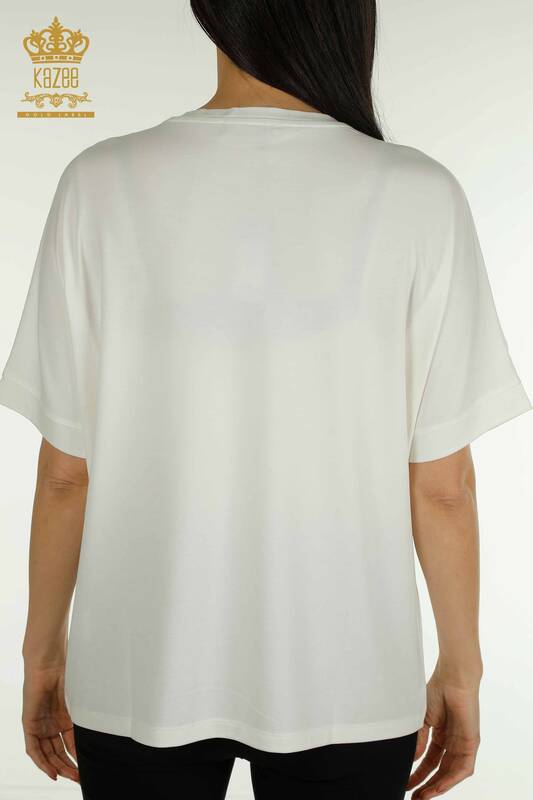 Bluză de damă cu ridicata cu piatră brodata Ecru - 79651 | KAZEE