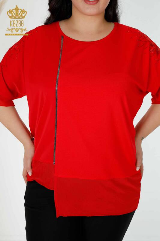 Bluză de damă cu ridicata cu piatră brodata cu gât roșu - 79033 | KAZEE
