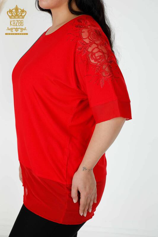 Bluză de damă cu ridicata cu piatră brodata cu gât roșu - 79033 | KAZEE