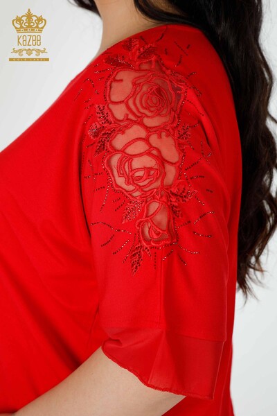 Bluză de damă cu ridicata cu piatră brodata cu gât roșu - 79033 | KAZEE - Thumbnail