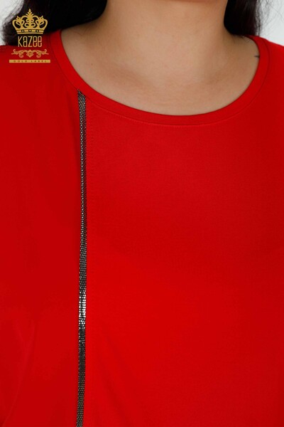 Bluză de damă cu ridicata cu piatră brodata cu gât roșu - 79033 | KAZEE - Thumbnail