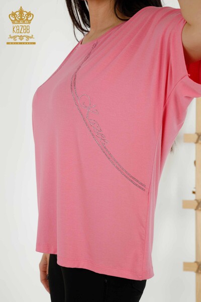 Bluza de dama cu ridicata cu piatra brodata roz - 79295 | KAZEE - Thumbnail