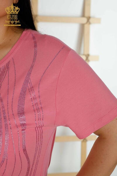 Bluză de damă cu ridicata cu piatră brodata roz - 79329 | KAZEE - Thumbnail
