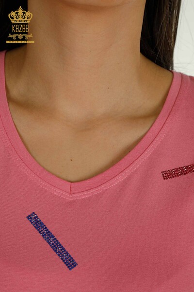 Bluză de damă cu ridicata cu piatră brodata roz - 79365 | KAZEE - Thumbnail