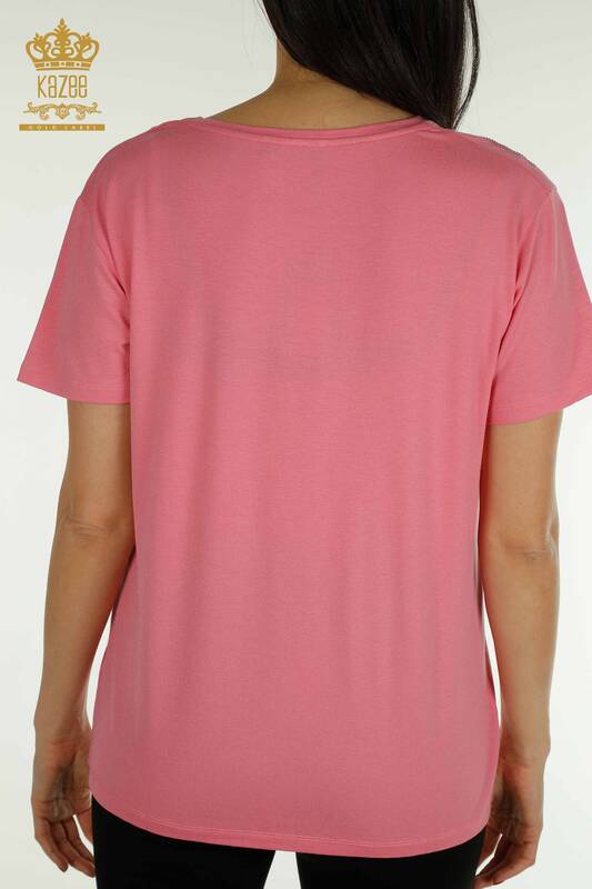 Bluză de damă cu ridicata cu piatră brodata roz - 79365 | KAZEE