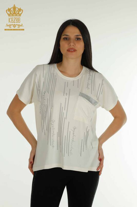 Bluză de damă cu ridicata - Buzunar Detaliat - Ecru - 79140 | KAZEE