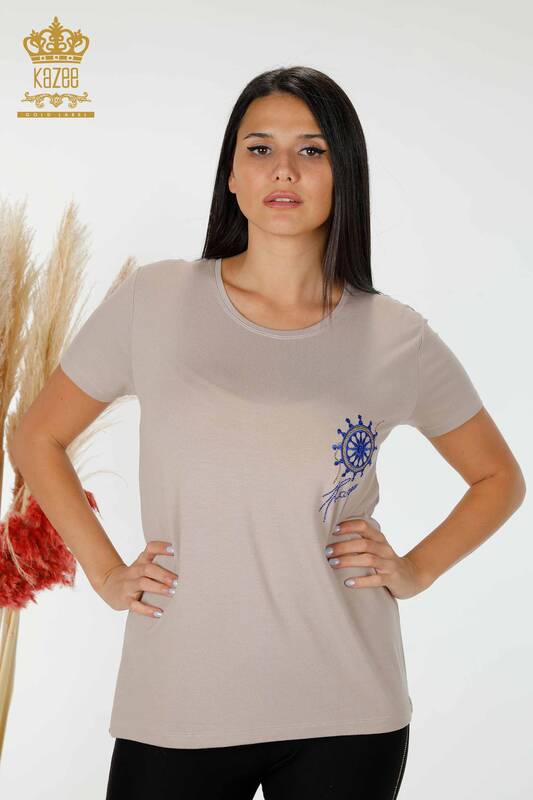 Bluză de damă en-gros cu model bej - 78925 | KAZEE