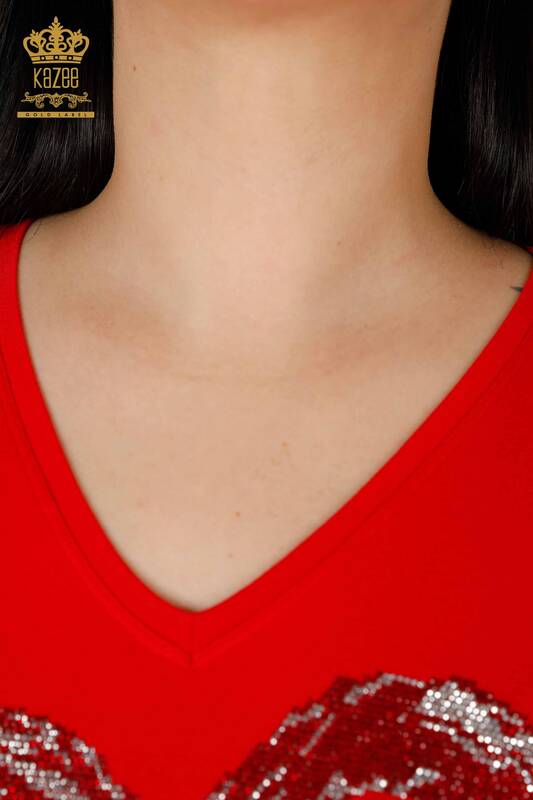 Bluză de damă cu ridicata cu model de inimă roșie - 77711 | KAZEE