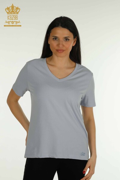 Bluză de damă cu ridicata - Decolteu în V - Albastru - 79564 | KAZEE - Thumbnail