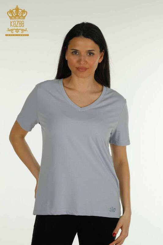 Bluză de damă cu ridicata - Decolteu în V - Albastru - 79564 | KAZEE