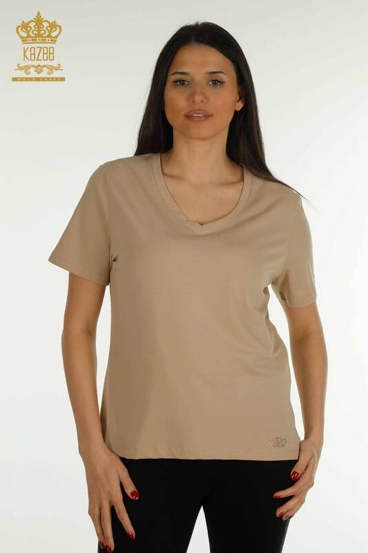 Bluză de damă cu ridicata - Decolteu în V - Bej - 79564 | KAZEE