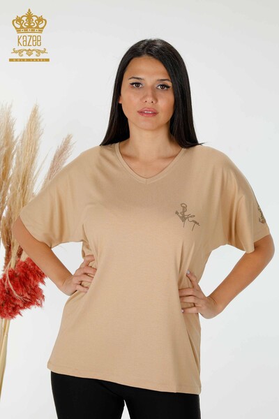 Bluză de damă cu ridicata cu decolteu în V cu piatră brodat bej - 78931 | KAZEE - Thumbnail