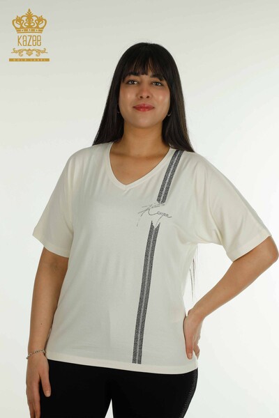 Bluză de damă cu ridicata - Decolteu în V - Ecru - 79238 | KAZEE - Thumbnail