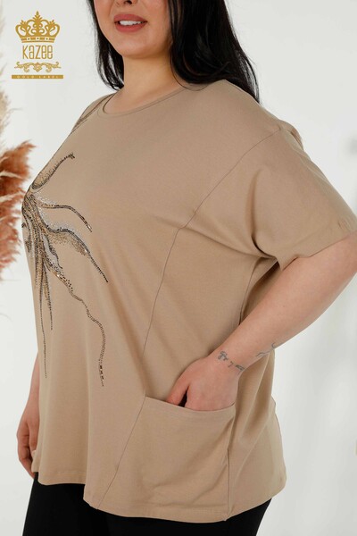 Bluză de damă cu ridicata cu două buzunare bej - 79294 | KAZEE - Thumbnail