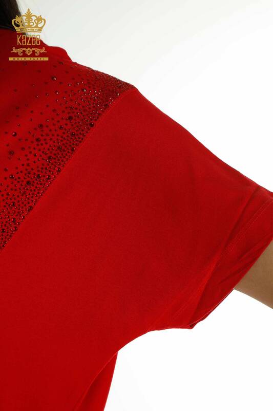 Bluză de damă cu ridicata cu două buzunare cu mânecă scurtă roșie - 79293 | KAZEE