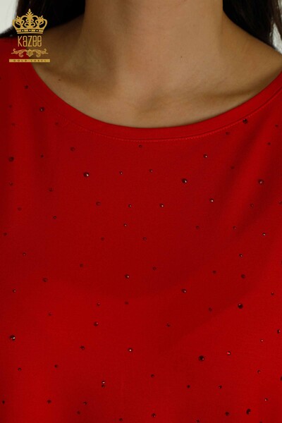 Bluză de damă cu ridicata cu două buzunare cu mânecă scurtă roșie - 79293 | KAZEE - Thumbnail