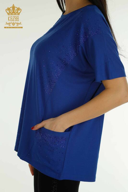 Bluză cu mânecă scurtă pentru femei cu două buzunare - 79293 | KAZEE