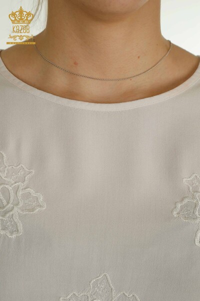 Bluză de damă cu ridicata - Floral Brodat - Ecru - 79127 | KAZEE - Thumbnail