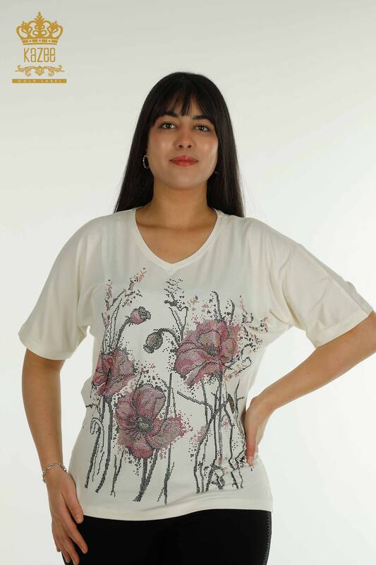 Bluză de damă cu ridicata - floral Brodat - Ecru - 79330 | KAZEE