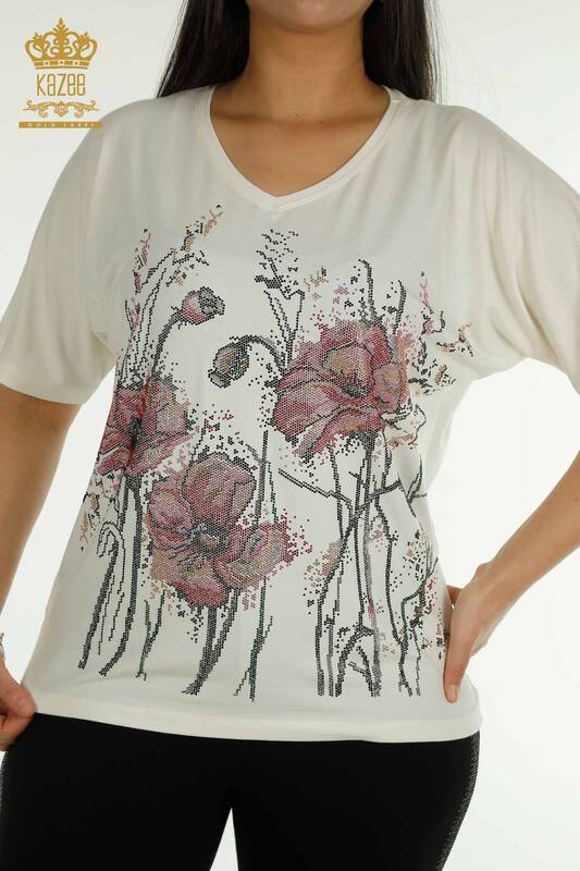 Bluză de damă cu ridicata - floral Brodat - Ecru - 79330 | KAZEE