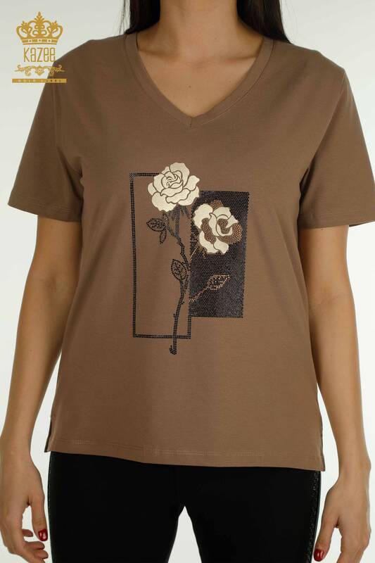 Bluză de damă cu ridicata - Floral brodat - maro - 79860 | KAZEE
