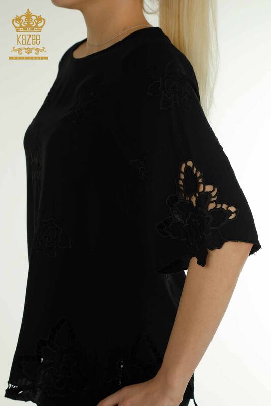 Bluză de damă cu ridicata - Floral Brodat - Negru - 79127 | KAZEE