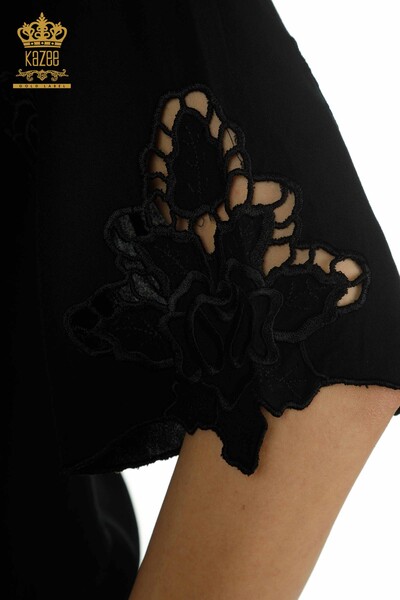 Bluză de damă cu ridicata - Floral Brodat - Negru - 79127 | KAZEE - Thumbnail