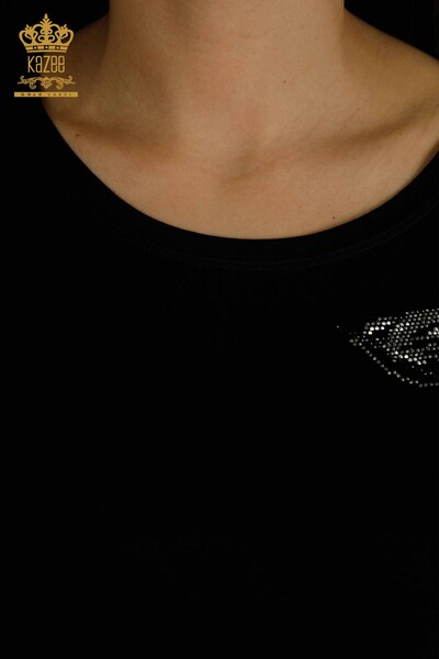 Bluză de damă cu ridicata - Brodat floral - Negru - 79357 | KAZEE - Thumbnail