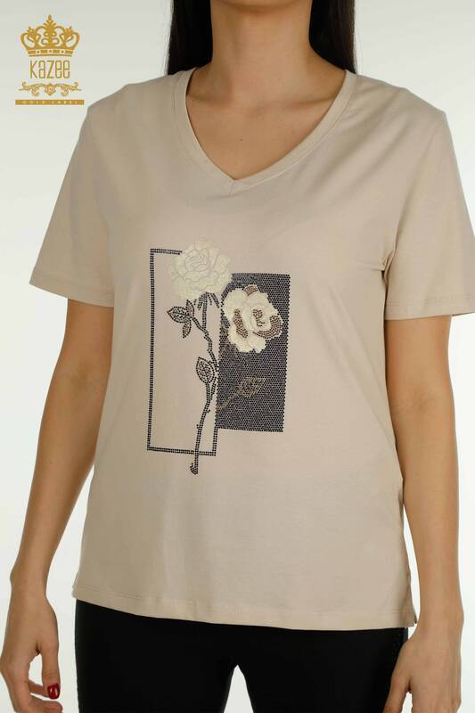 Bluză de damă cu ridicata - Floral brodat - bej - 79860 | KAZEE