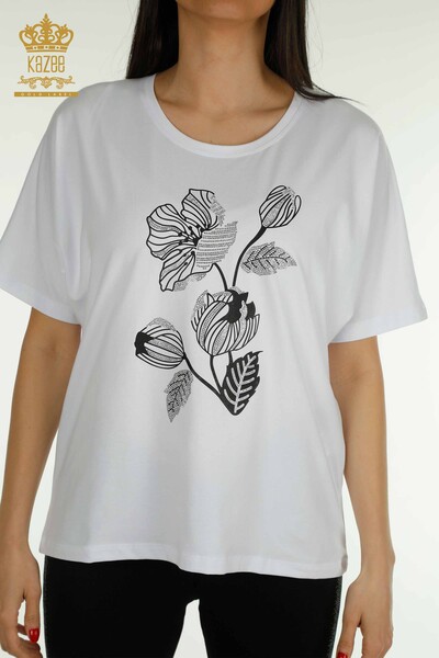 Bluză de damă cu ridicata cu brodat floral alb - 79459 | KAZEE - Thumbnail