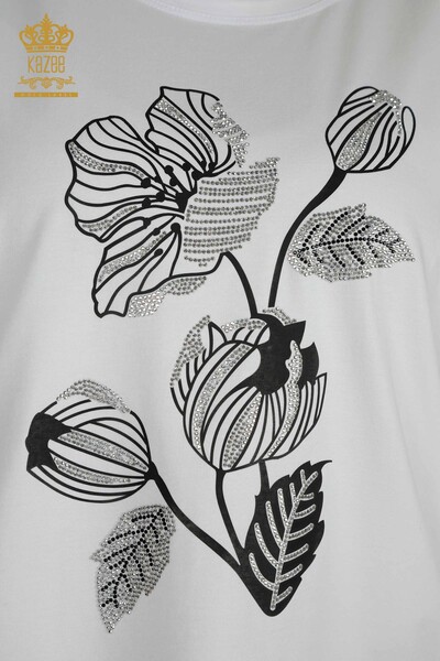 Bluză de damă cu ridicata cu brodat floral alb - 79459 | KAZEE - Thumbnail