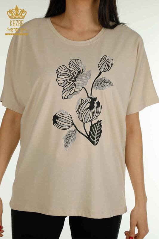 Bluză de damă cu ridicata cu broderie florală bej - 79459 | KAZEE