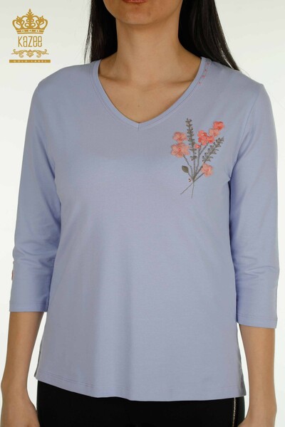 Bluză de damă cu ridicata - Brodat floral - Liliac - 79466 | KAZEE - Thumbnail
