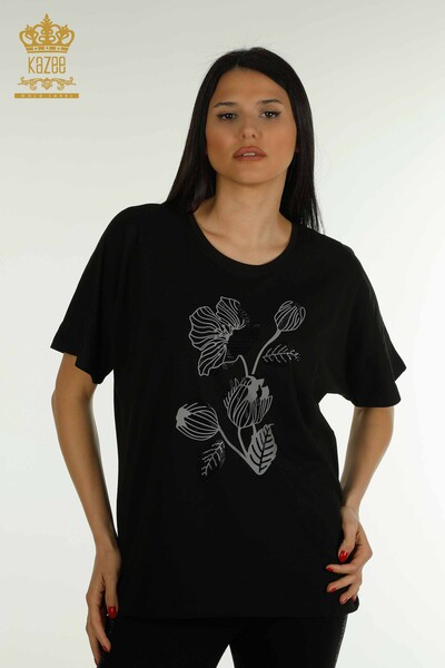 Bluză de damă cu ridicata cu broderie florală neagră - 79459 | KAZEE - Thumbnail