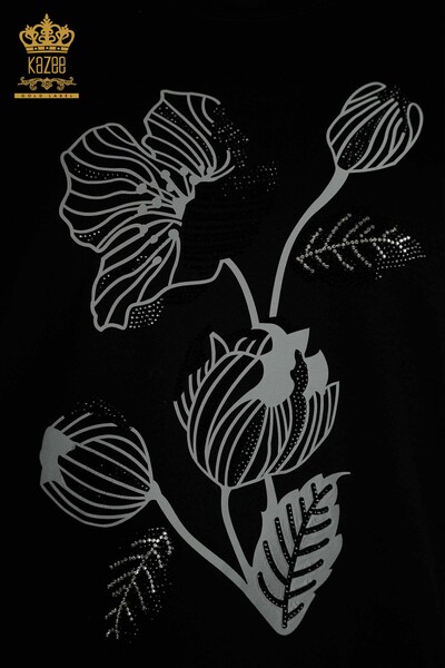 Bluză de damă cu ridicata cu broderie florală neagră - 79459 | KAZEE - Thumbnail